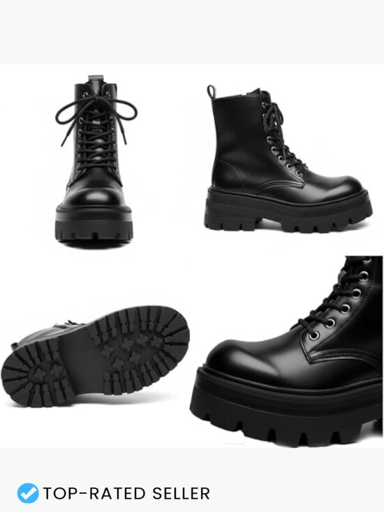 Men\'s Black Leather Lace-up Platform Combat Boots Chunky Heel Lug Sole Ankle main image 5